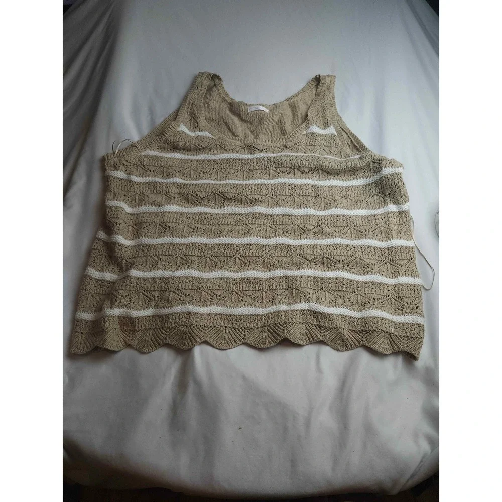 LC Lauren Conrad Womens 3X Tan White Striped Pointelle Knit Scallop Tank Top